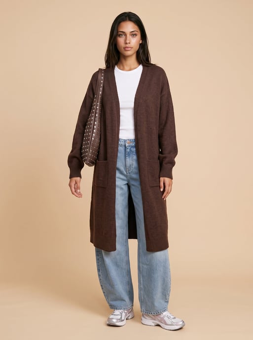 Chocolate Longline Patch Pocket Cardigan - Image 1