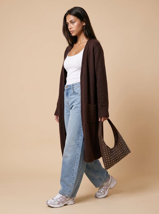 Chocolate Longline Patch Pocket Cardigan - Image 2