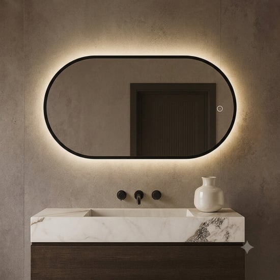 Vtw Living badkamerspiegel ovaal met led verlichting en verwarming zwart 90 x - Image 1