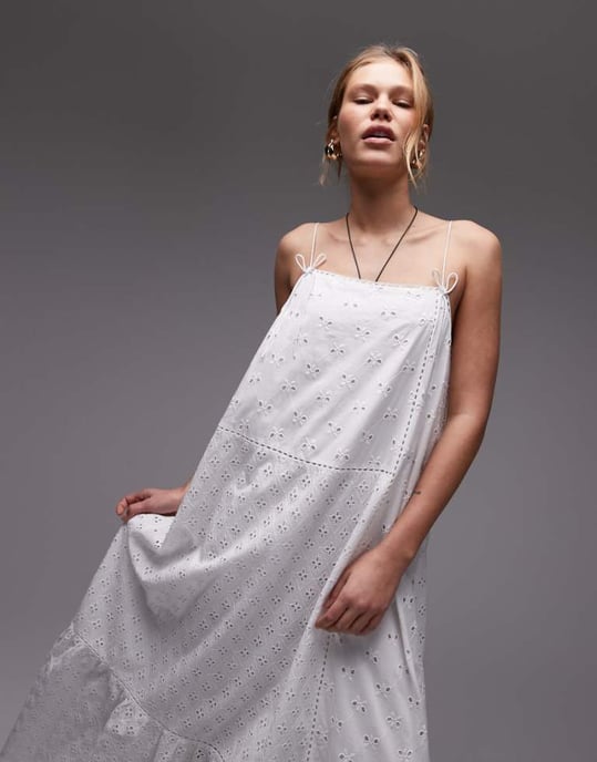 Topshop broderie trapeze midi dress in white - Image 1