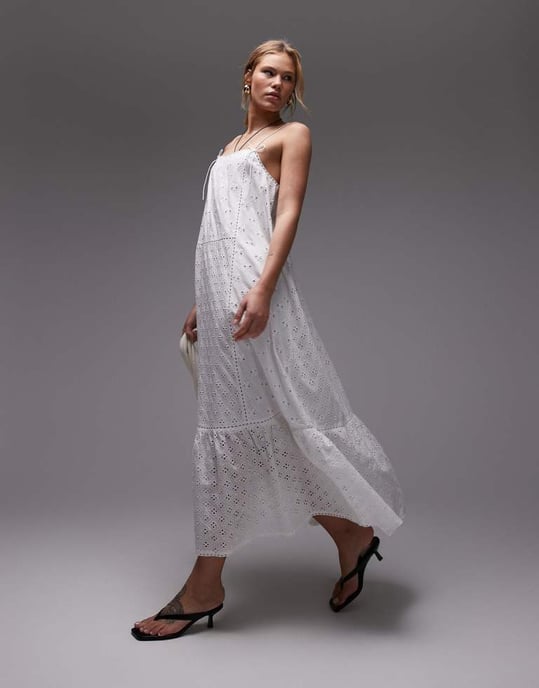 Topshop broderie trapeze midi dress in white - Image 2
