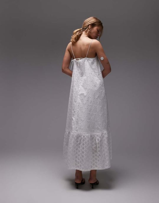 Topshop broderie trapeze midi dress in white - Image 3
