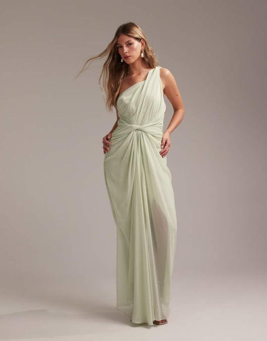 ASOS DESIGN Bridesmaids one shoulder draped twist detail midaxi dress in light green - Image 1