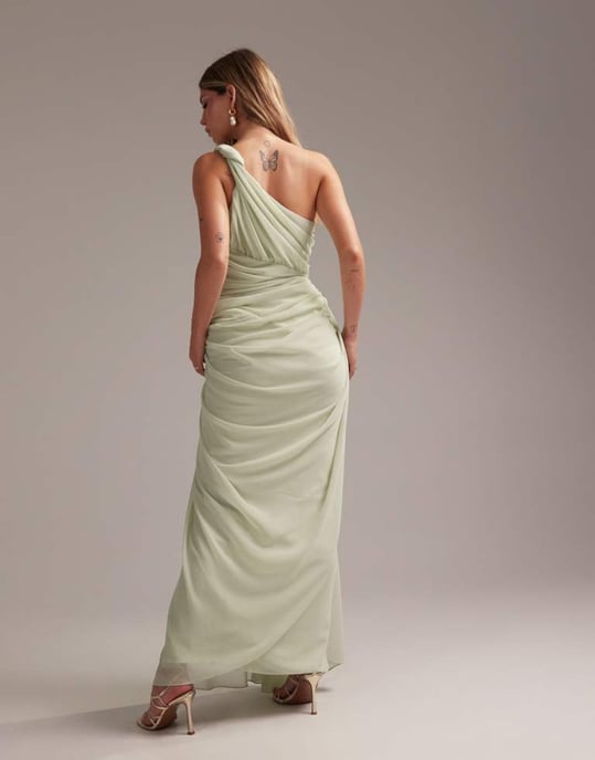 ASOS DESIGN Bridesmaids one shoulder draped twist detail midaxi dress in light green - Image 4