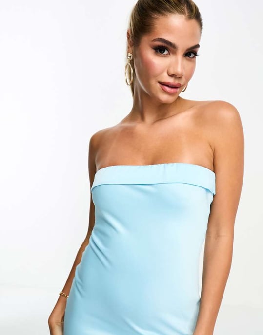 In The Style exclusive satin bandeau midi slip dress in turquoise - Image 3
