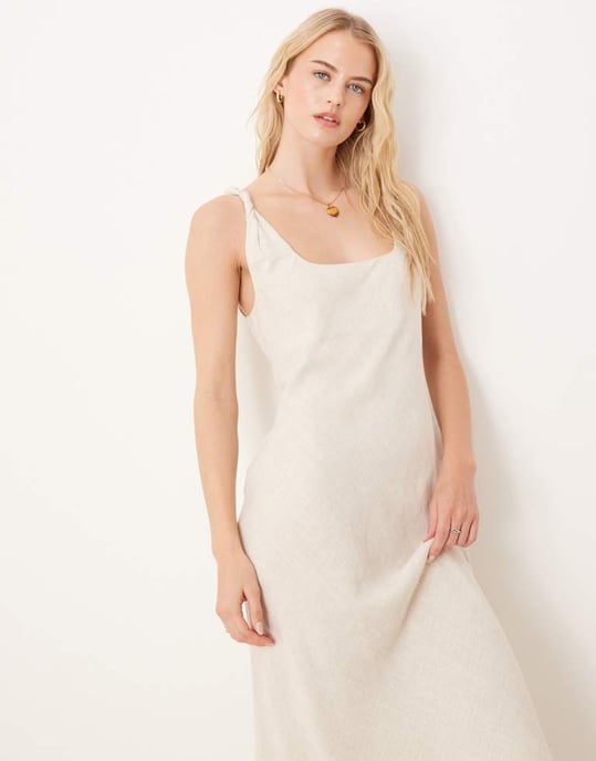 ASOS DESIGN Tall linen look twist strap bias maxi dress in oatmeal - Image 2
