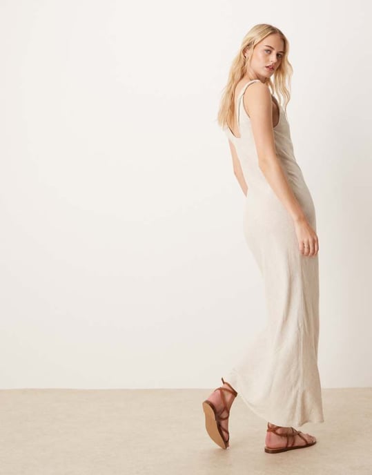 ASOS DESIGN Tall linen look twist strap bias maxi dress in oatmeal - Image 3