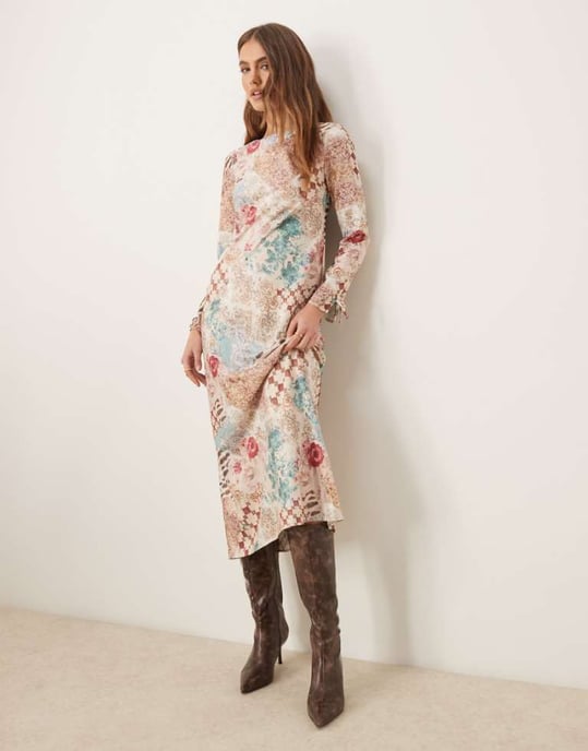 Miss Selfridge long sleeve maxi dress in multi print - Image 1