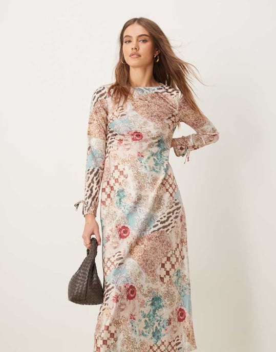 Miss Selfridge long sleeve maxi dress in multi print - Image 2