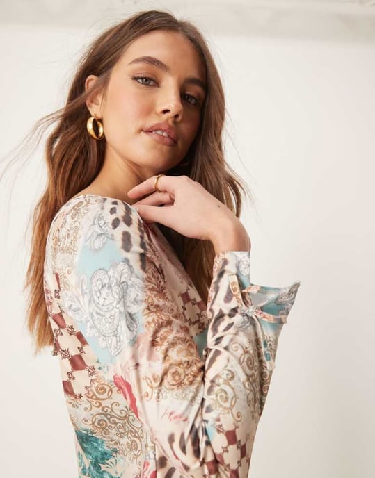 Miss Selfridge long sleeve maxi dress in multi print - Image 3