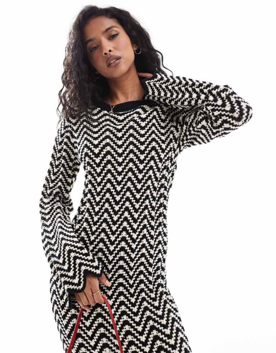 YAS knitted maxi dress with lettuce edge in black and white stripe - BLACK - Image 2