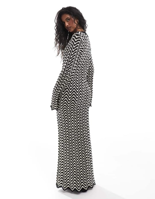 YAS knitted maxi dress with lettuce edge in black and white stripe - BLACK - Image 3