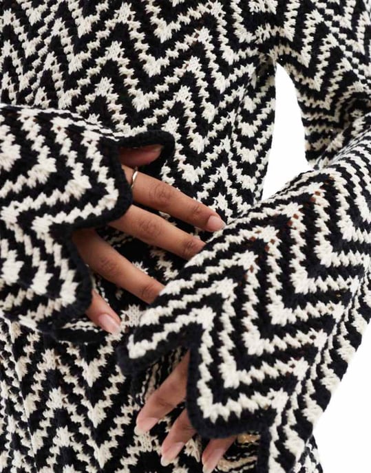 YAS knitted maxi dress with lettuce edge in black and white stripe - BLACK - Image 4
