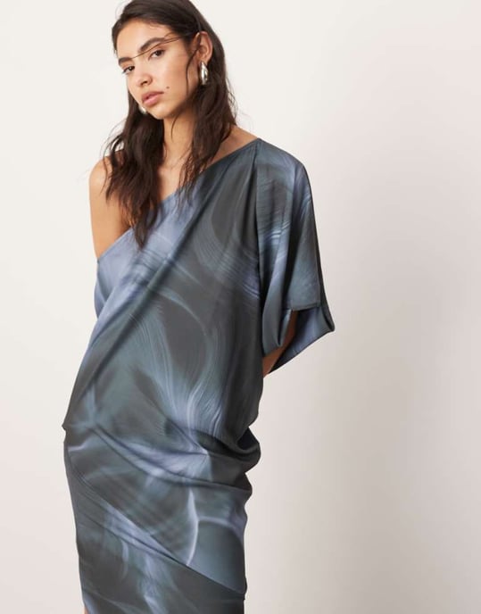 ASOS EDITION satin slouchy off shoulder maxi dress in grey abstract print - Image 1