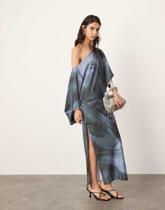 ASOS EDITION satin slouchy off shoulder maxi dress in grey abstract print - Image 2