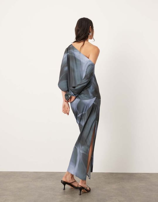 ASOS EDITION satin slouchy off shoulder maxi dress in grey abstract print - Image 3