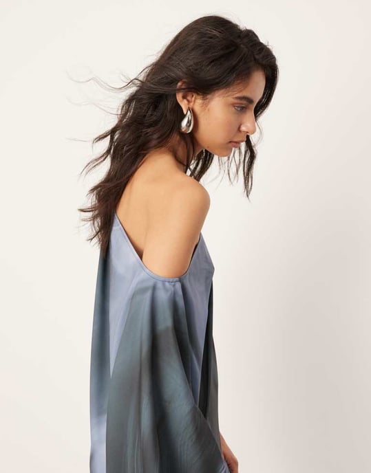 ASOS EDITION satin slouchy off shoulder maxi dress in grey abstract print - Image 4