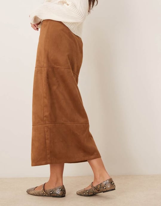 ASOS DESIGN zip detail faux suede maxi skirt in brown - KHAKI - Image 2