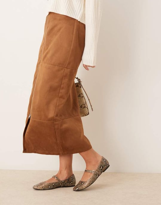 ASOS DESIGN zip detail faux suede maxi skirt in brown - KHAKI - Image 3