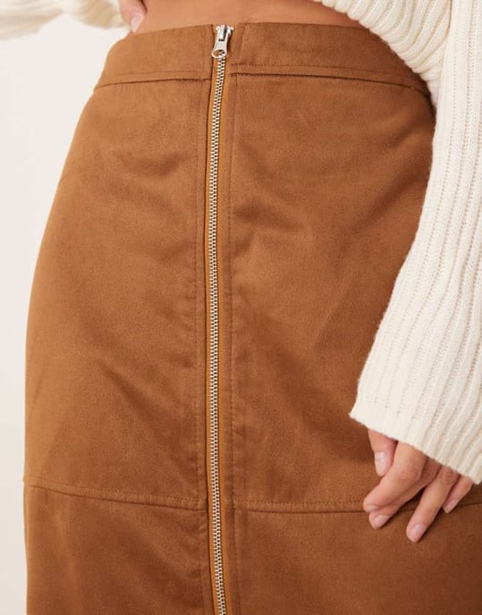 ASOS DESIGN zip detail faux suede maxi skirt in brown - KHAKI - Image 4