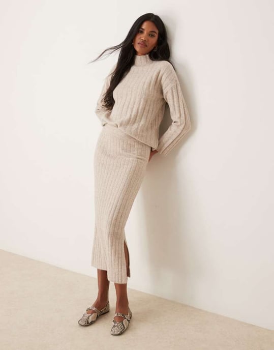 Vila ribbed maxi skirt co-ord in cream - Image 1