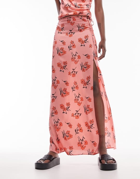 Topshop Tall co-ord cherry blossom split maxi skirt in pink - Image 2