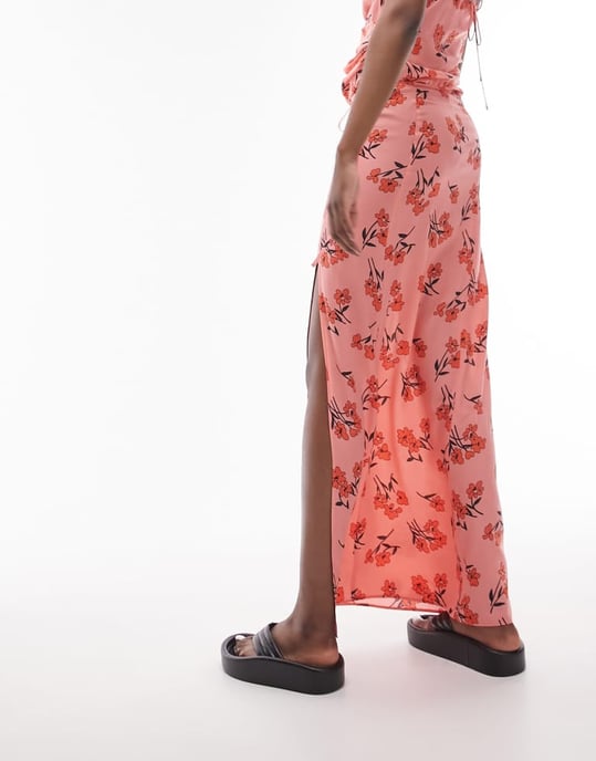 Topshop Tall co-ord cherry blossom split maxi skirt in pink - Image 3