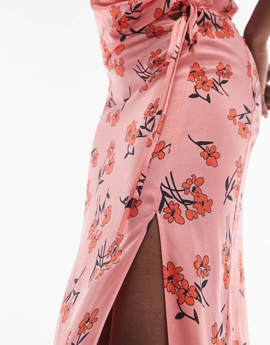 Topshop Tall co-ord cherry blossom split maxi skirt in pink - Image 4