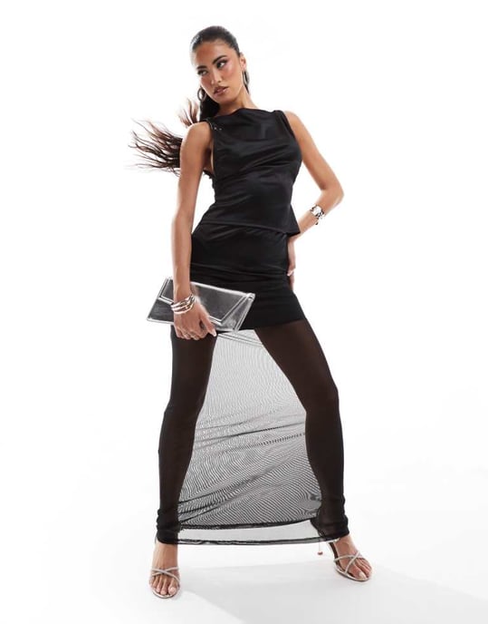 ASOS DESIGN co-ord stretch satin maxi skirt with sheer mesh hem in black - Image 1