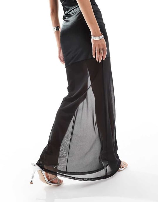 ASOS DESIGN co-ord stretch satin maxi skirt with sheer mesh hem in black - Image 2