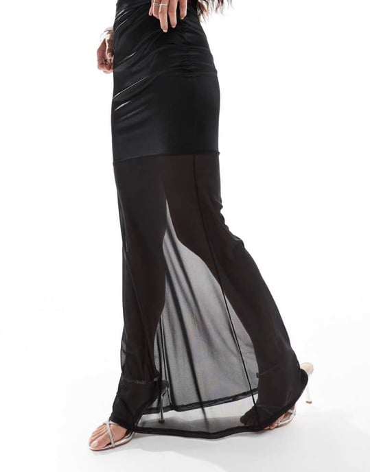 ASOS DESIGN co-ord stretch satin maxi skirt with sheer mesh hem in black - Image 3