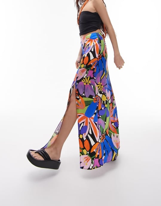 Topshop printed double split maxi skirt in multi - Image 1