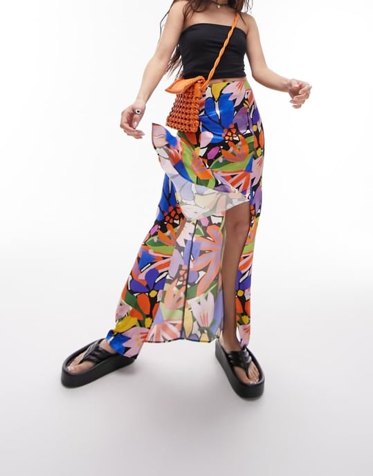 Topshop printed double split maxi skirt in multi - Image 2