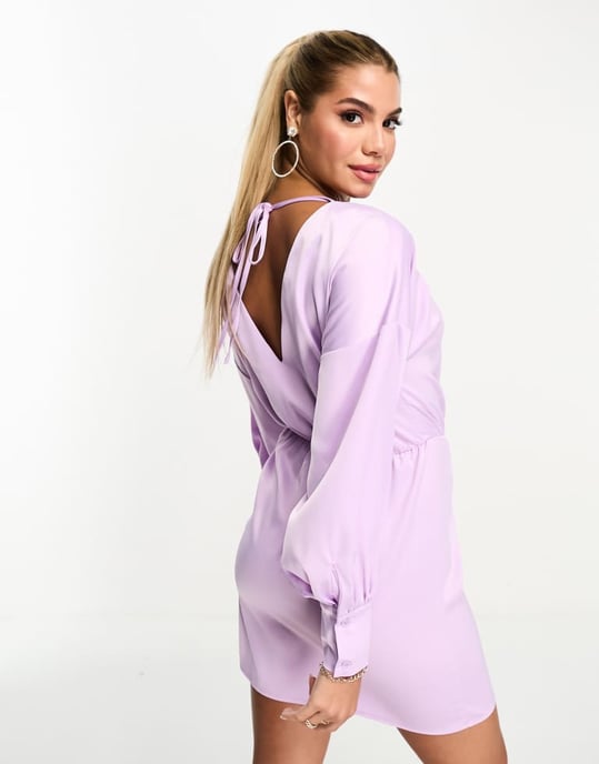 In The Style exclusive satin mini tie back dress in lilac - Image 2