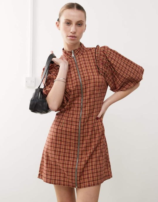 COLLUSION puff sleeve mini dress with zip detail in red check - Image 1