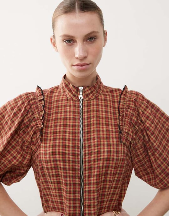 COLLUSION puff sleeve mini dress with zip detail in red check - Image 2