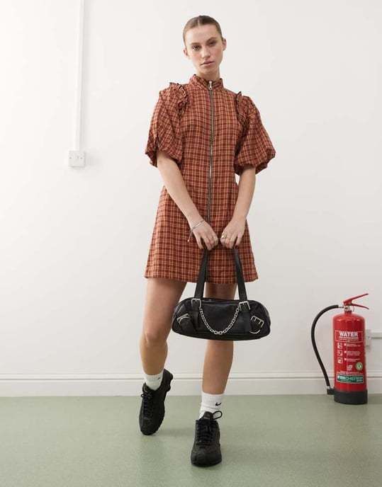 COLLUSION puff sleeve mini dress with zip detail in red check - Image 3