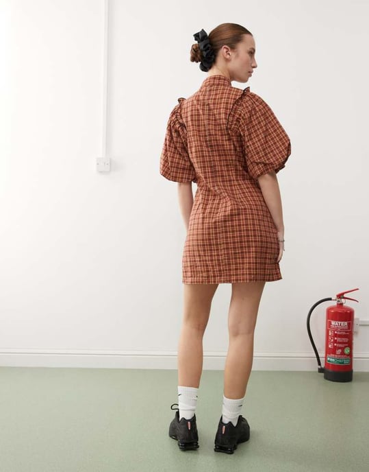 COLLUSION puff sleeve mini dress with zip detail in red check - Image 4