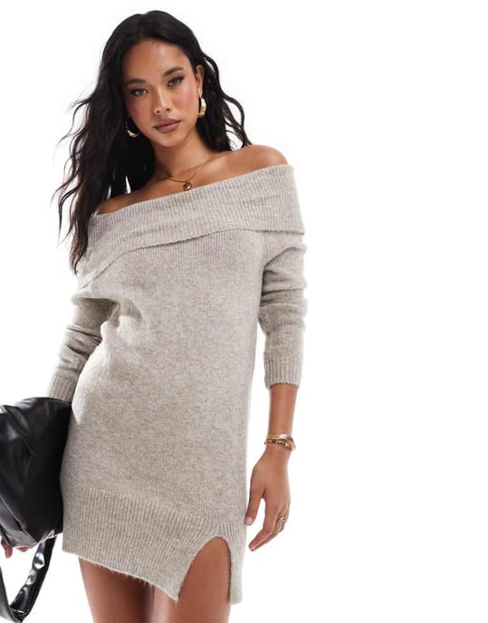 In The Style bardot foldover knitted mini jumper dress in stone - Image 2