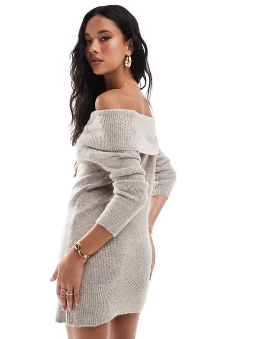 In The Style bardot foldover knitted mini jumper dress in stone - Image 4