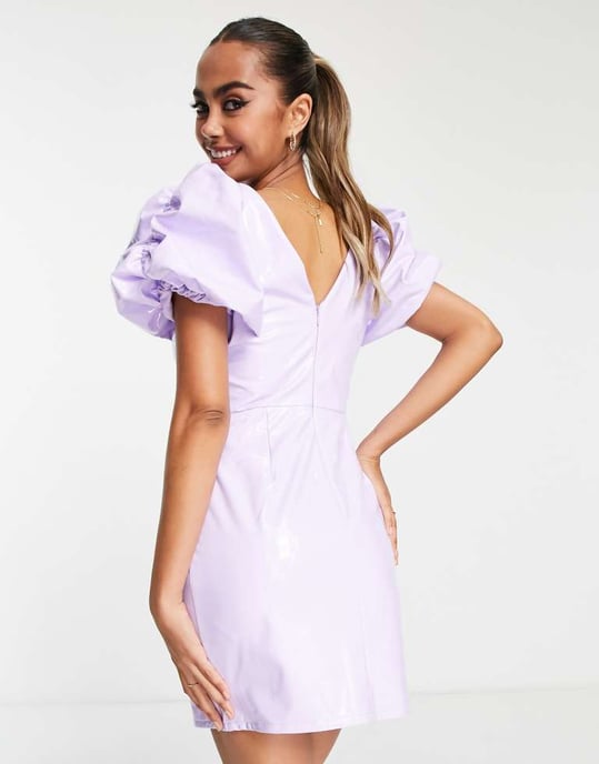 Miss Selfridge vinyl faux leather extreme puff sleeve mini dress in lilac - Image 2