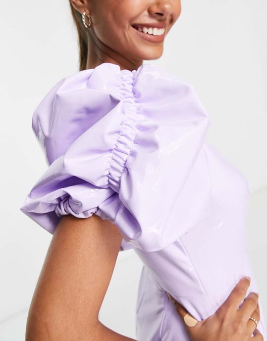 Miss Selfridge vinyl faux leather extreme puff sleeve mini dress in lilac - Image 3