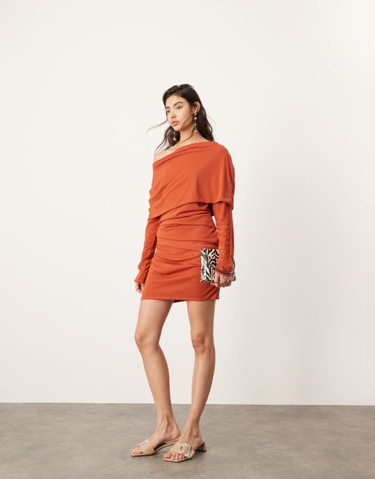 ASOS EDITION jersey long sleeve slouchy mini dress with layering detail in rust - Image 2