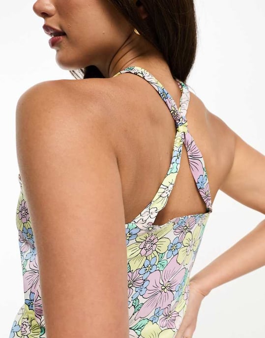 JDY Tall exclusive halterneck satin mini dress lilac & yellow retro floral - Image 2