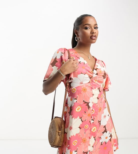 ASOS DESIGN Petite satin button through mini tea dress with flutter sleeve in retro floral print - Image 1