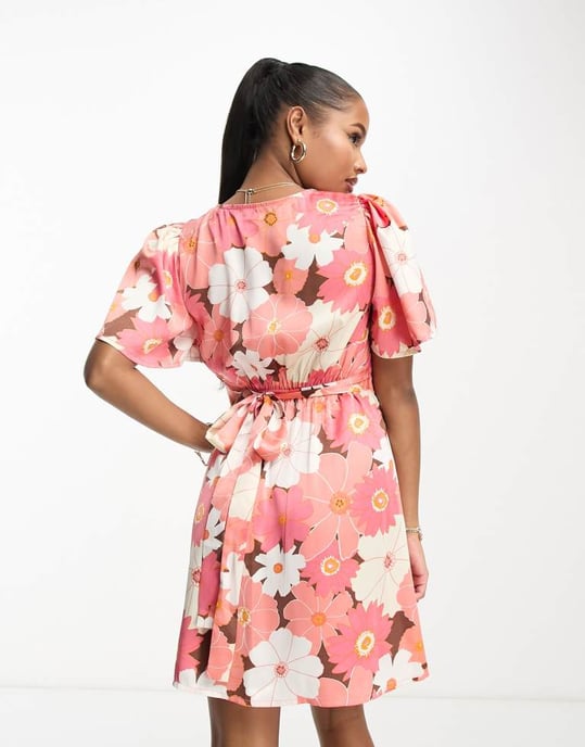 ASOS DESIGN Petite satin button through mini tea dress with flutter sleeve in retro floral print - Image 2
