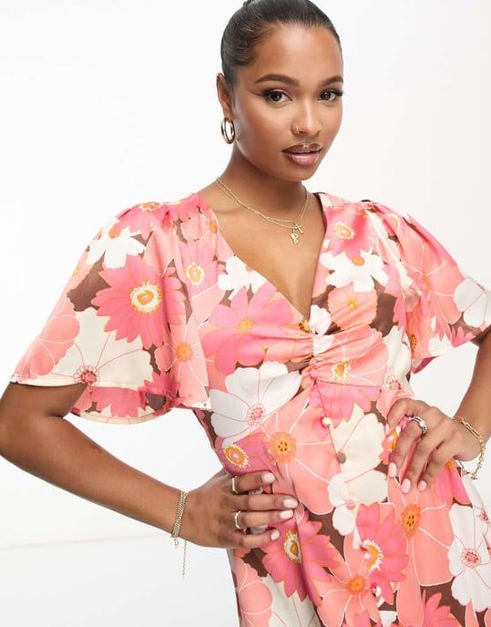 ASOS DESIGN Petite satin button through mini tea dress with flutter sleeve in retro floral print - Image 3
