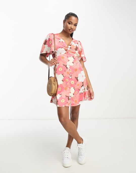 ASOS DESIGN Petite satin button through mini tea dress with flutter sleeve in retro floral print - Image 4