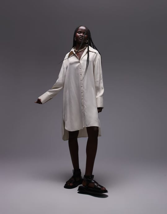 Topshop premium satin mini shirt dress with step hem in ivory - Image 1