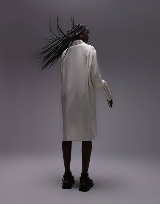 Topshop premium satin mini shirt dress with step hem in ivory - Image 2